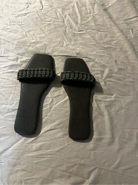 Woven Strap Slide Sandals in Dark Green